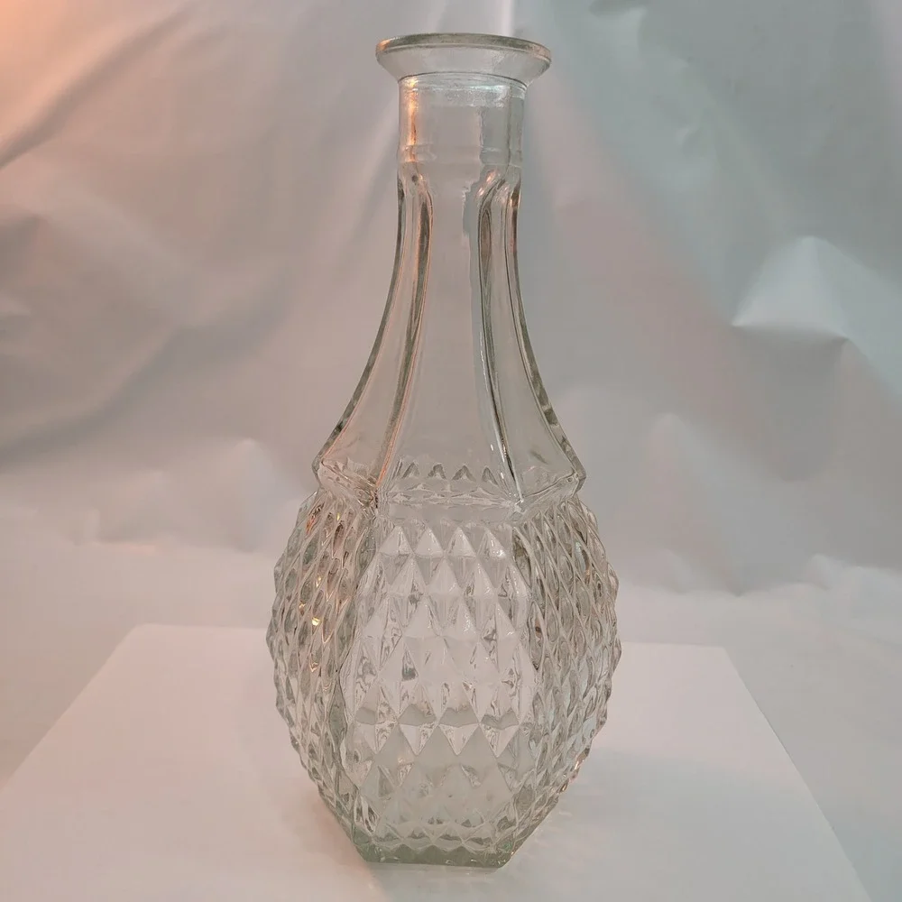Vintage Glass‎ Decanter Vase Diamond Point Clear Hexagonal Base 9.5 Inch Carafe